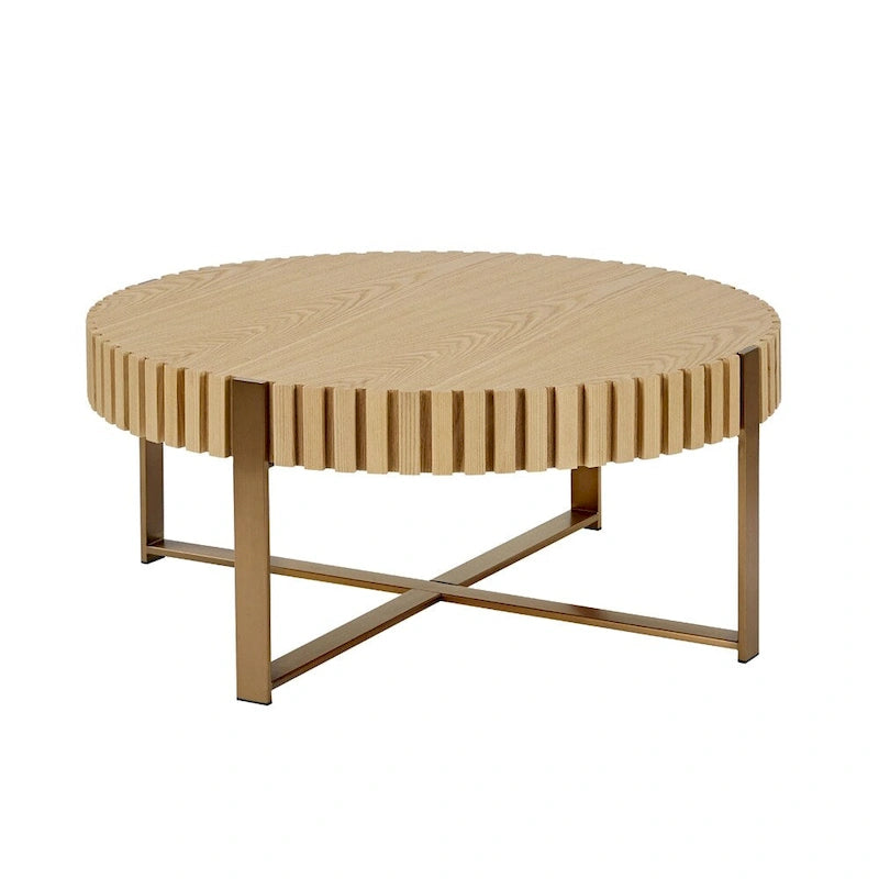 Table basse ronde moderne de 31,5 po avec garniture en bois latté et pieds en métal