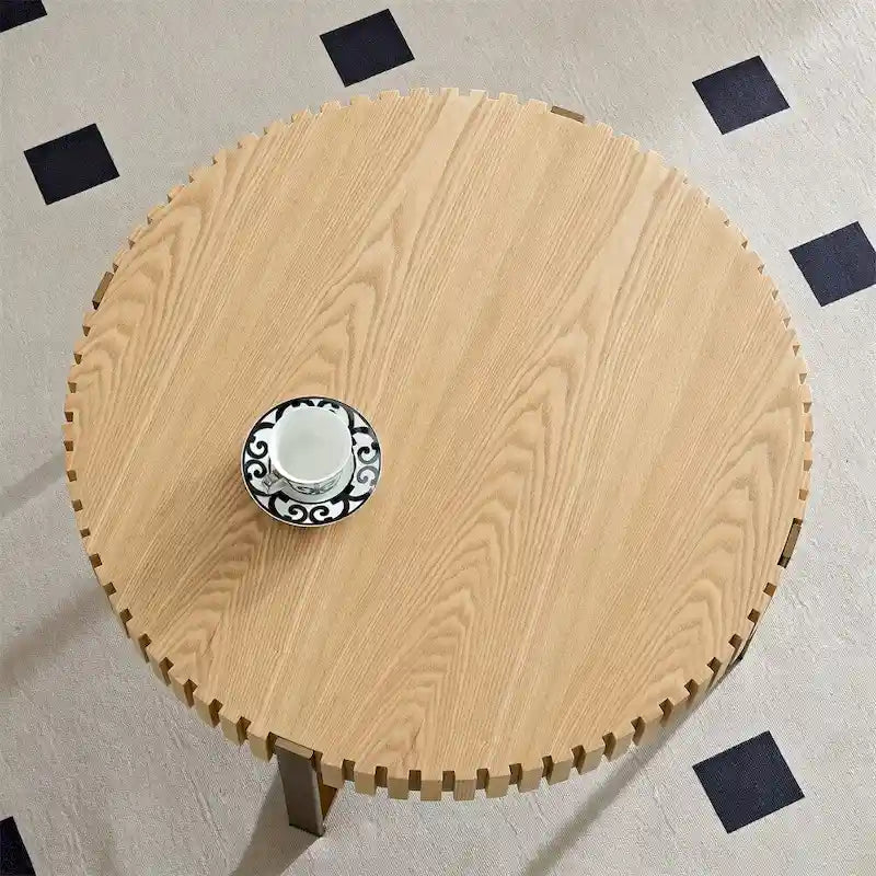 Table basse ronde moderne de 31,5 po avec garniture en bois latté et pieds en métal