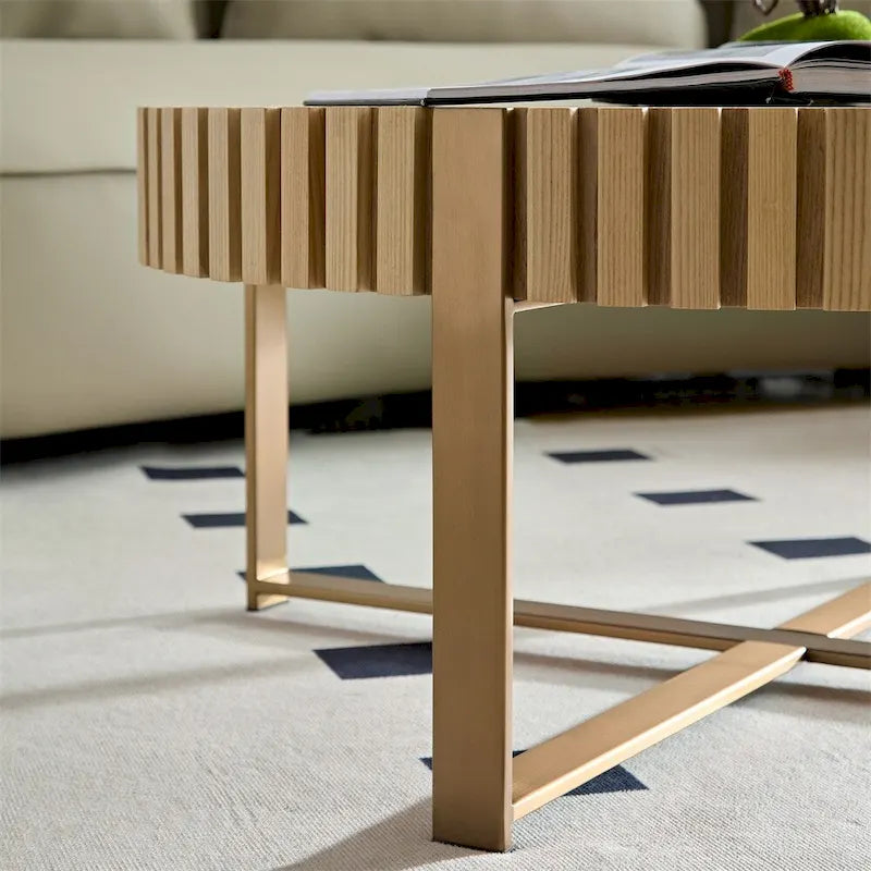 Table basse ronde moderne de 31,5 po avec garniture en bois latté et pieds en métal