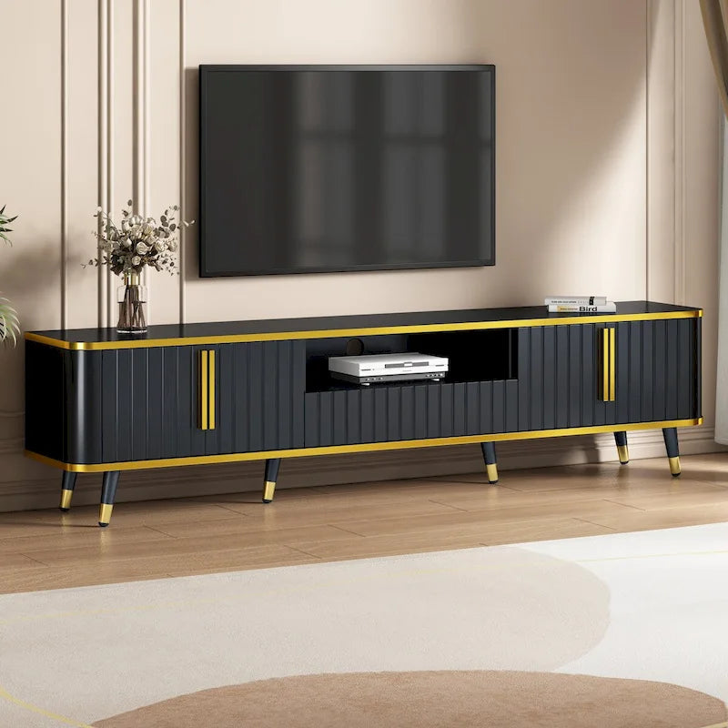 Meuble TV avec étagère de rangement ouverte pour téléviseurs jusqu'à 85 pouces avec placards et tiroirs