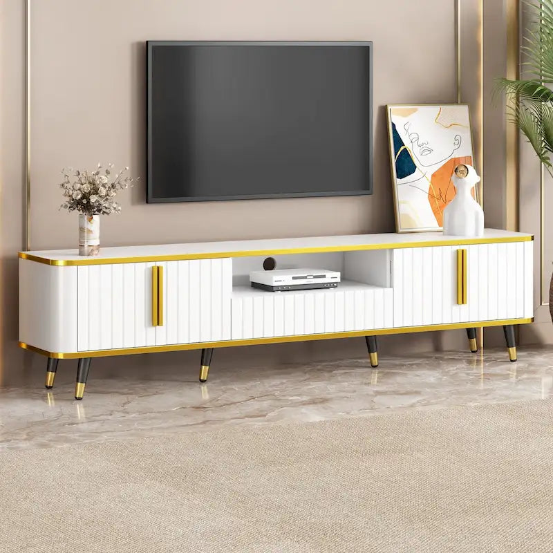 Meuble TV avec étagère de rangement ouverte pour téléviseurs jusqu'à 85 pouces avec placards et tiroirs