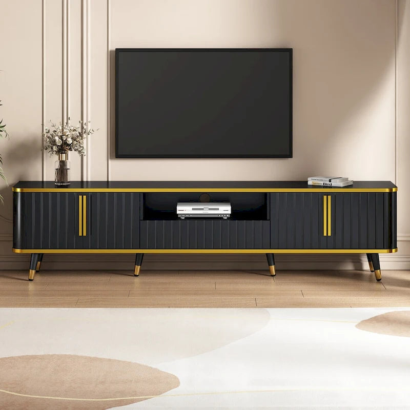 Meuble TV avec étagère de rangement ouverte pour téléviseurs jusqu'à 85 pouces avec placards et tiroirs