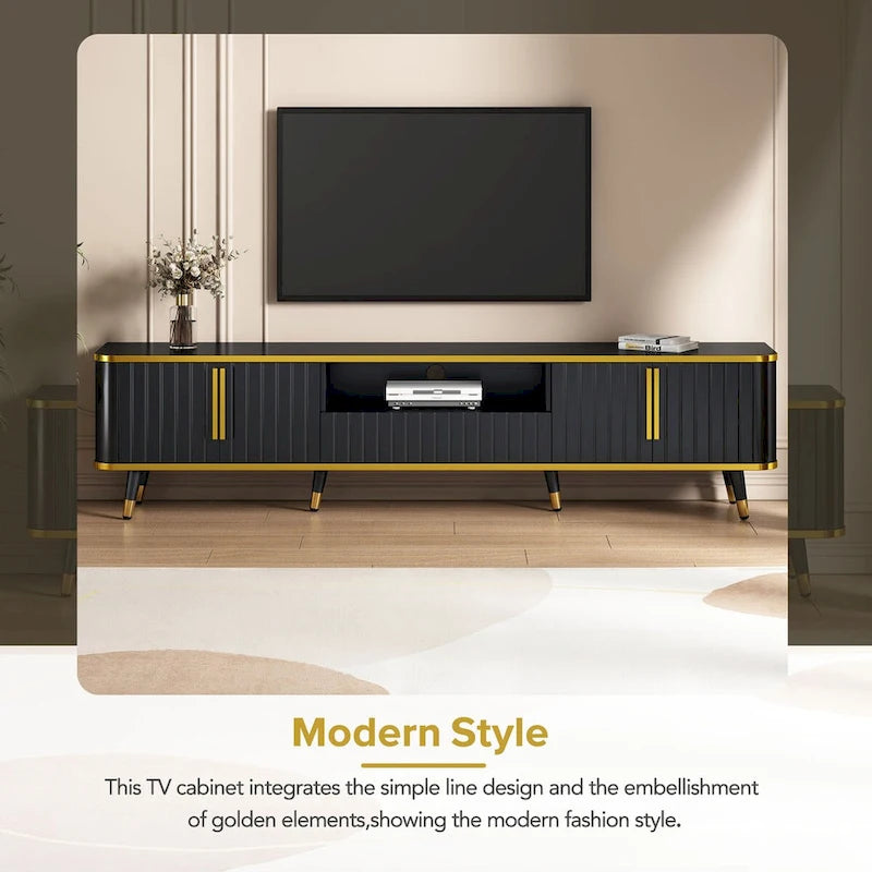 Meuble TV avec étagère de rangement ouverte pour téléviseurs jusqu'à 85 pouces avec placards et tiroirs