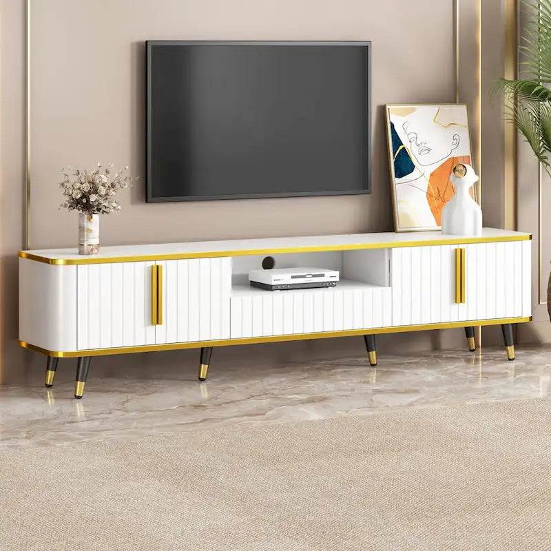 Meuble TV avec étagère de rangement ouverte pour téléviseurs jusqu'à 85 pouces avec placards et tiroirs