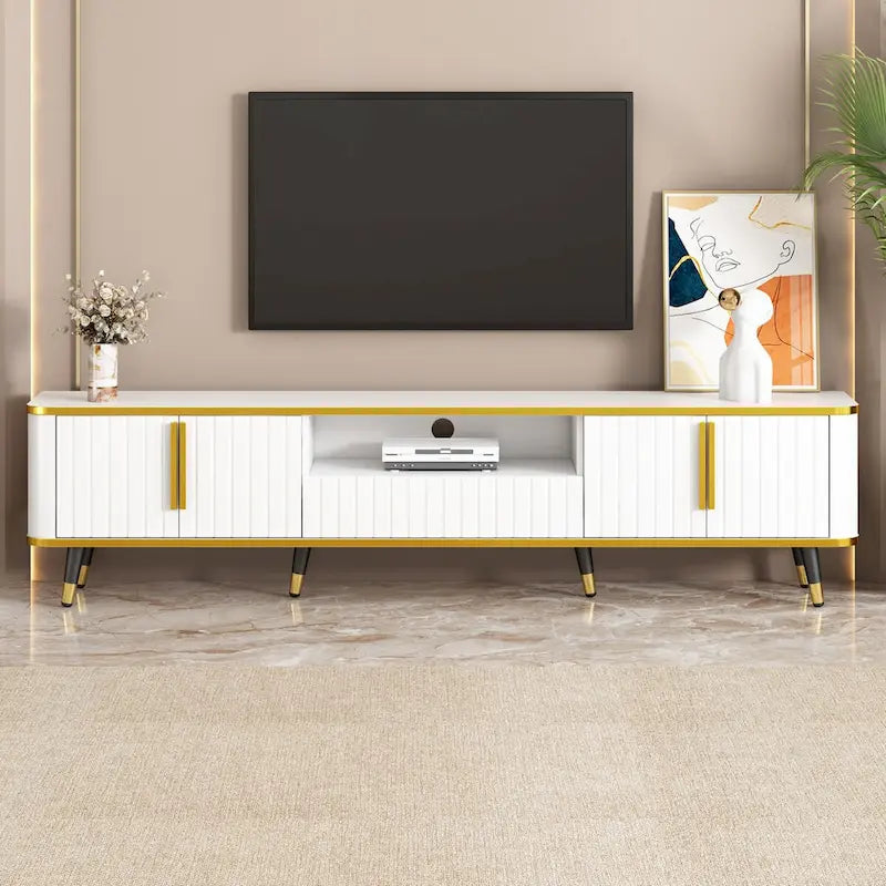 Meuble TV avec étagère de rangement ouverte pour téléviseurs jusqu'à 85 pouces avec placards et tiroirs