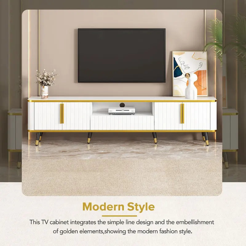Meuble TV avec étagère de rangement ouverte pour téléviseurs jusqu'à 85 pouces avec placards et tiroirs