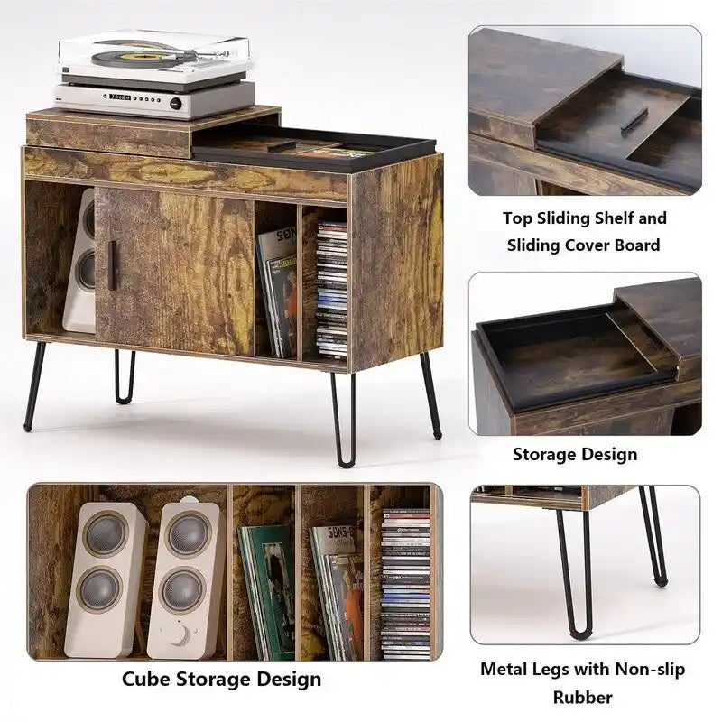 Vinyl Record Storage Cabinet with Sliding Shelf and Cubic Storage