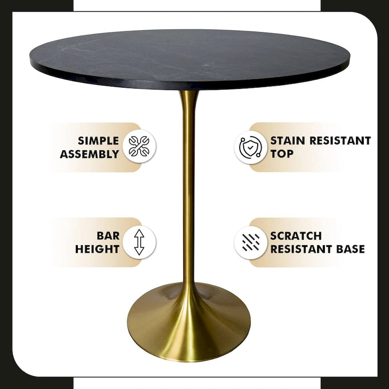 36 Round Dining Table with MDF Wood Tabletop and Brushed Gold Pedestal Base