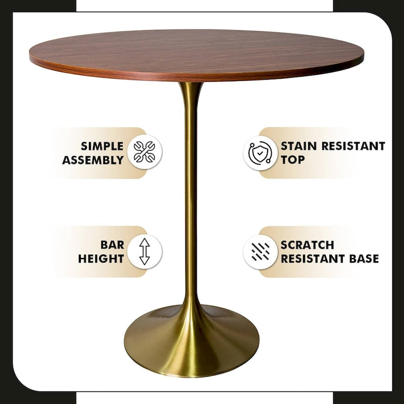 Table à manger ronde de 36 pouces avec plateau en MDF et piètement central en or brossé