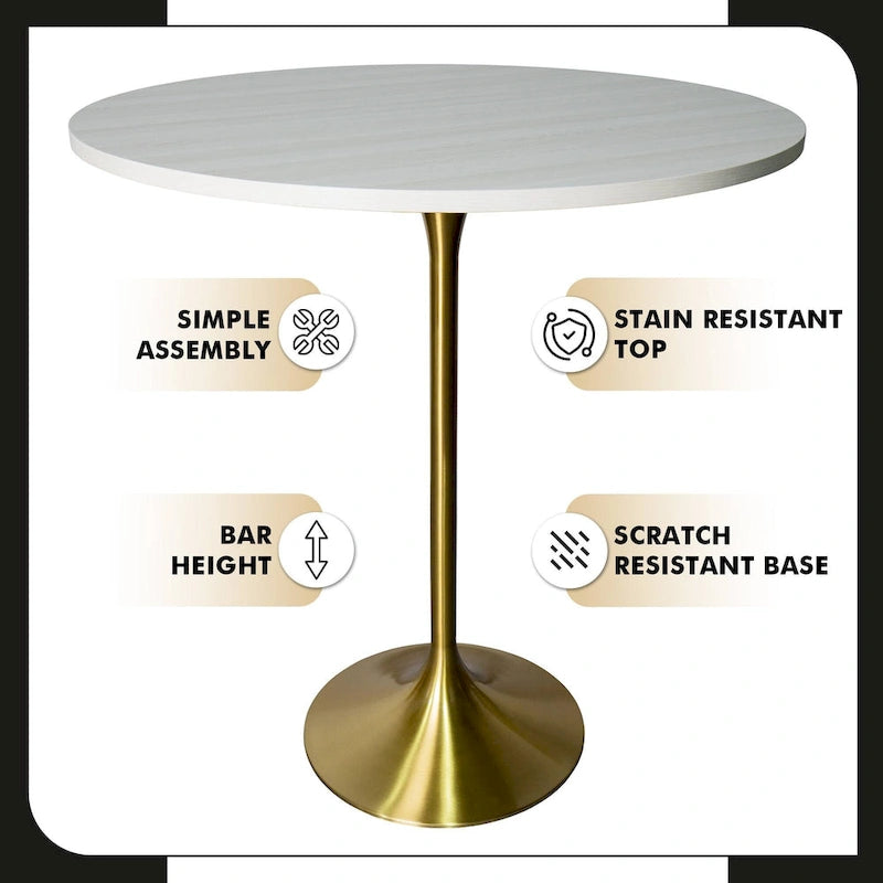 Table à manger ronde de 36 pouces avec plateau en MDF et piètement central en or brossé
