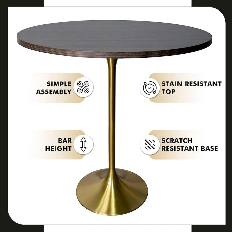 Table à manger ronde de 36 pouces avec plateau en MDF et piètement central en or brossé