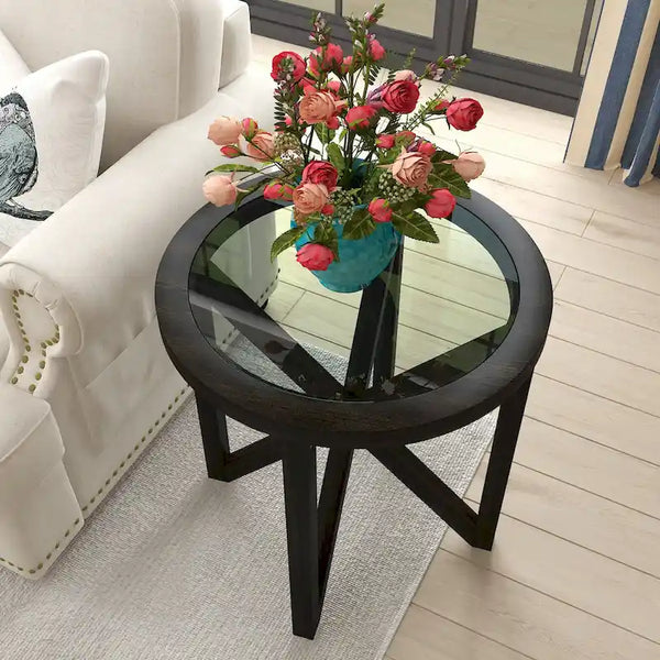 Tempered Glass Coffee Table Solid Wood Base Round Transparent Glass Top