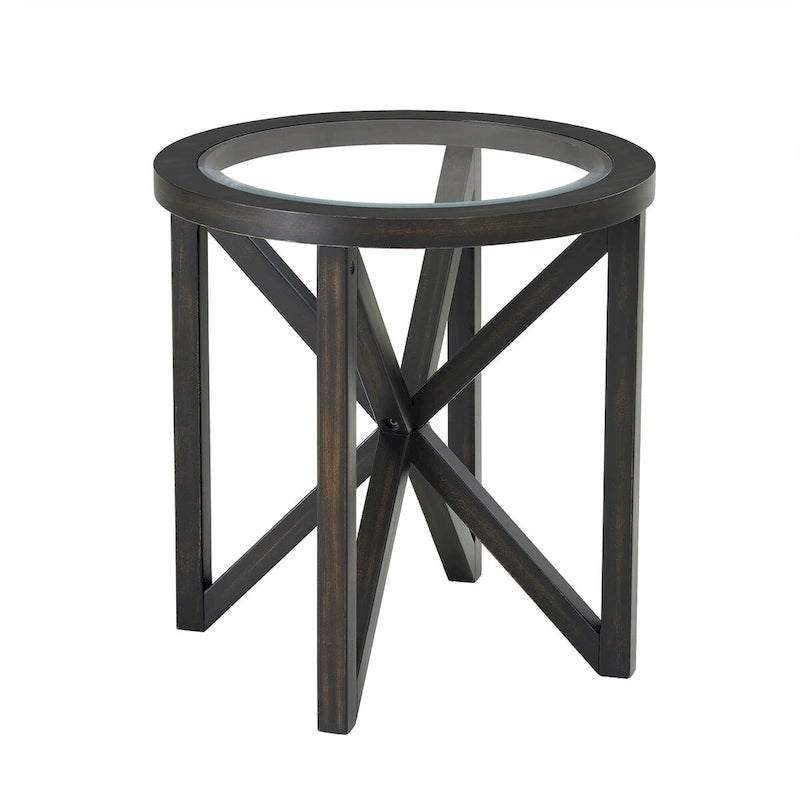 Table basse en verre trempé Base en bois massif Plateau rond en verre transparent