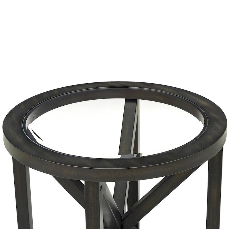 Table basse en verre trempé Base en bois massif Plateau rond en verre transparent