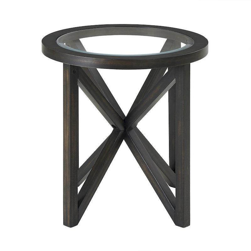 Table basse en verre trempé Base en bois massif Plateau rond en verre transparent