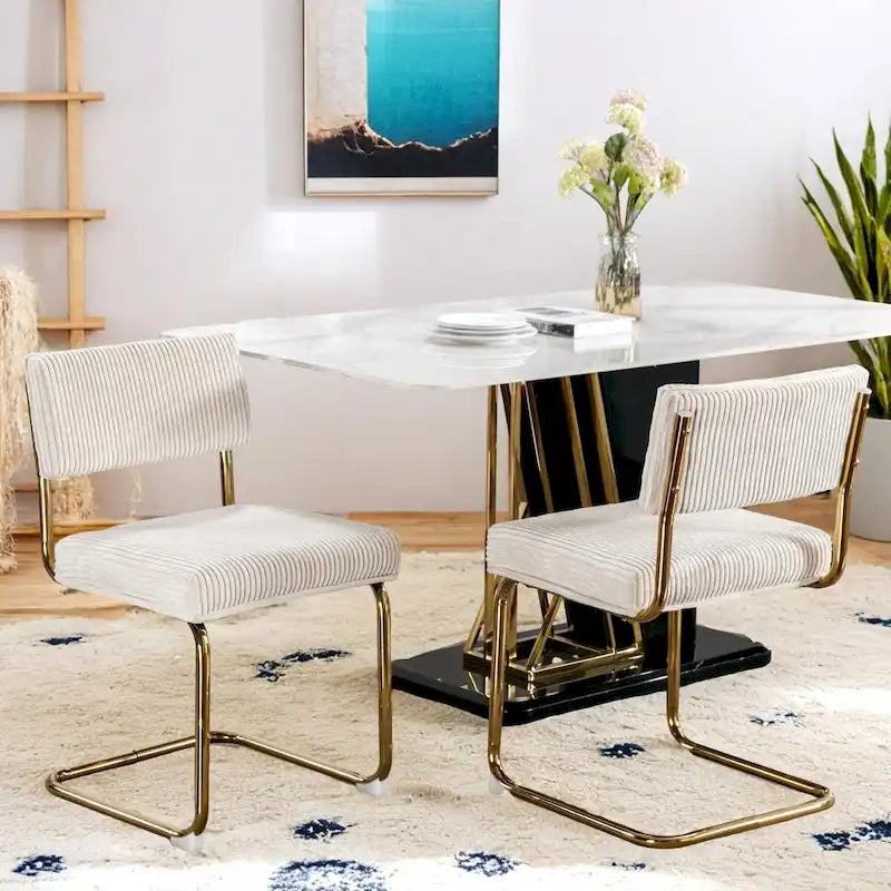 Modern Corduroy Dining Chair with Gold Metal Base and Channel Tufting