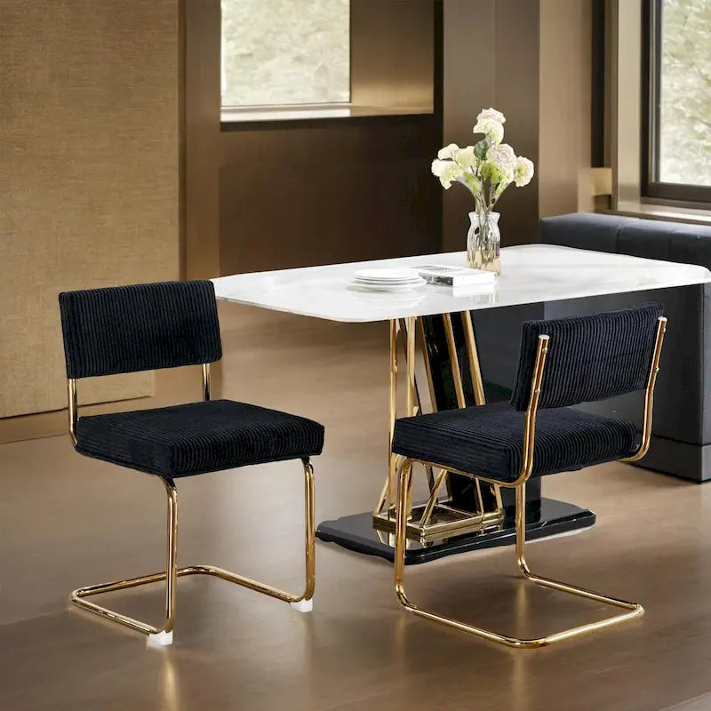 Modern Corduroy Dining Chair with Gold Metal Base and Channel Tufting