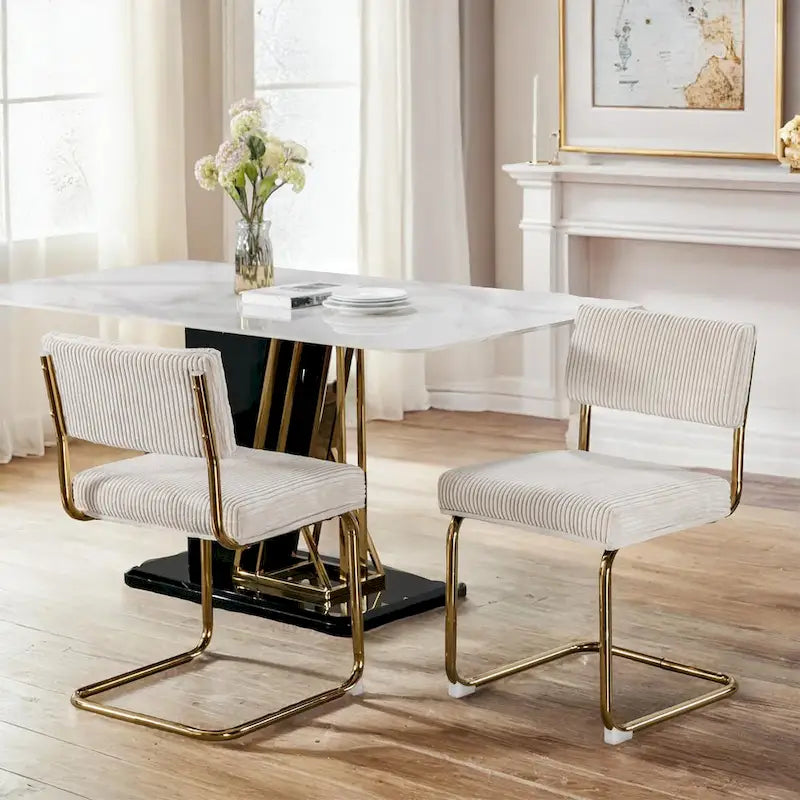 Modern Corduroy Dining Chair with Gold Metal Base and Channel Tufting